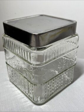 Vintage KOEZE’S Clear Glass Decorative Apothecary Storage Jar with Silver Lid